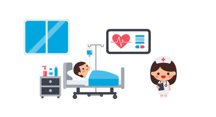 Fototapeta premium Patient in Hospital Bed Vector Illustration, Healthcare Concept for Medical Design