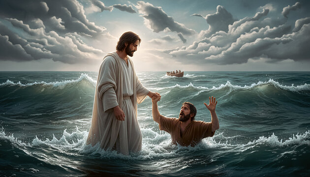 Gospel Bible NT Images &ndash; Jesus walks on water and saves Peter when his faith fails