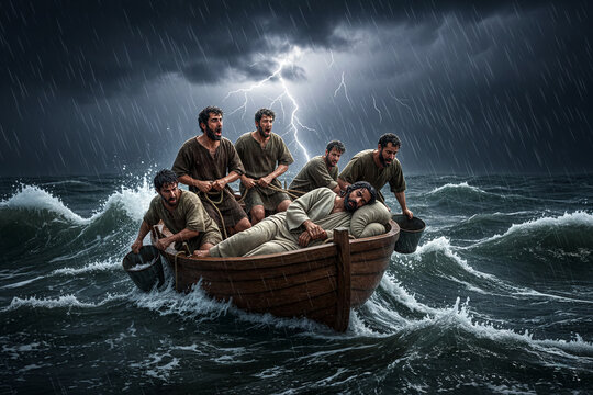Gospel Bible NT Images &ndash; Jesus Christ is sleeping as a storm threatens to sink their boat