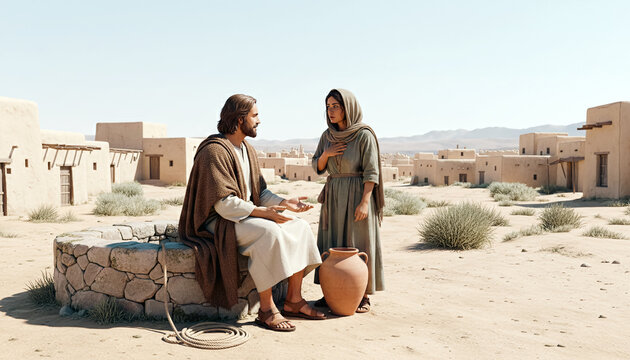 Gospel Bible NT Images &ndash; Jesus Christ speaks with the Samaritan woman at the well