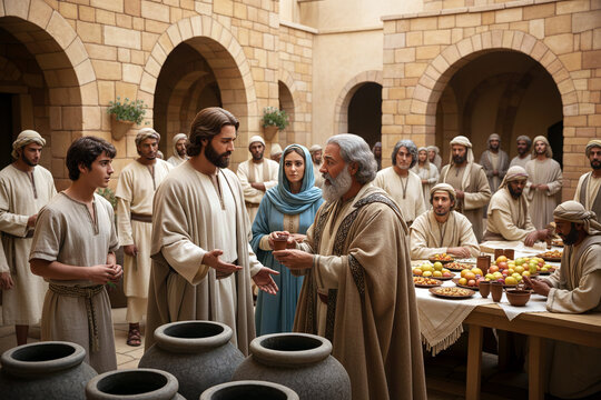 Gospel Bible NT Images &ndash; Jesus performs his first miracle by turning water into wine
