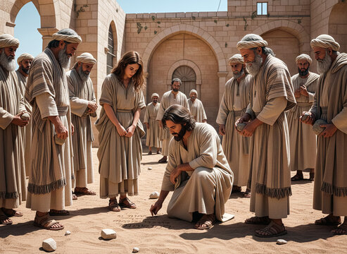 Gospel Bible NT Images &ndash; Jesus writes on the ground before a woman and her accusers