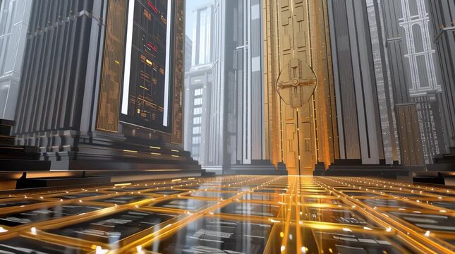 Glowing futuristic glass bridge with luminous data node and golden particle light floating above reflective circuit floor neon cityscape glowing