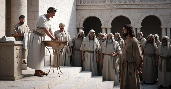 Gospel Bible NT Images &ndash; Pontius Pilate washes his hands to declare innocence in Jesus' death