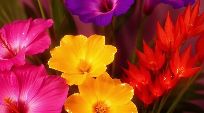 Vibrant floral display featuring pink hibiscus, yellow and orange blossoms, and purple petals