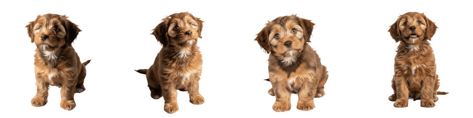 Set and collection of cute Golden Doodle puppies, fluffy brown puppy dogs sitting for domestic pet and animal companionship design, isolated on white transparent PNG background © worldwild