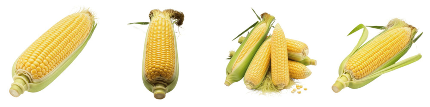 Set and collection of fresh sweet corn on the cob, raw yellow maize ears with green husks for summer barbecue and healthy vegetable food design, isolated on white transparent PNG background