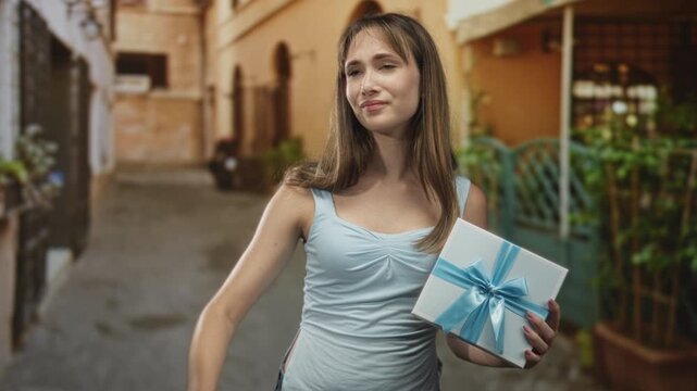 Woman holding a gift box with bare shoulder visible, standing in a narrow street with building facades; present giving joy.