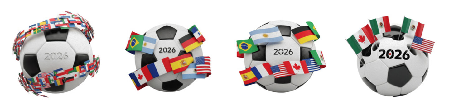 Set and collection of 2026 soccer balls with international flags, football championship tournament balls for world sport event, isolated on white transparent PNG background