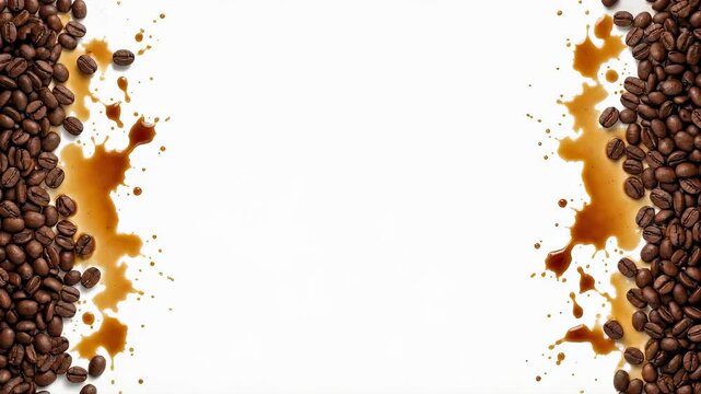 Coffee beans border with drip coffee splatters for beverage promotions and International Coffee Day celebration