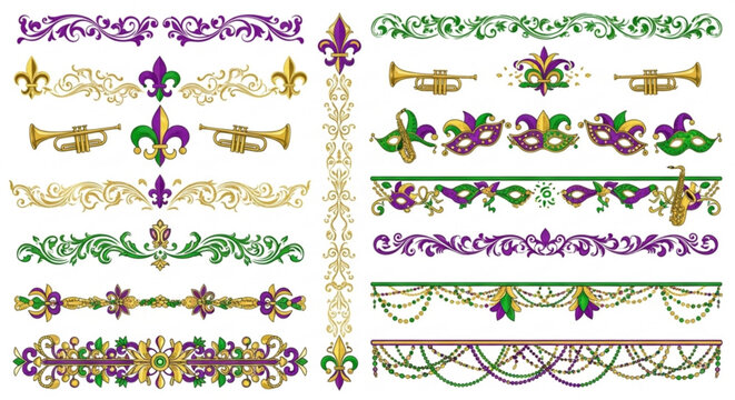 Mardi gras decorative borders and trumpets in purple green gold on white