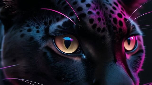 Mesmerizing Close-up Portrait of a Black Panther with Vibrant Neon Pink and Blue Accents and Intense Gaze