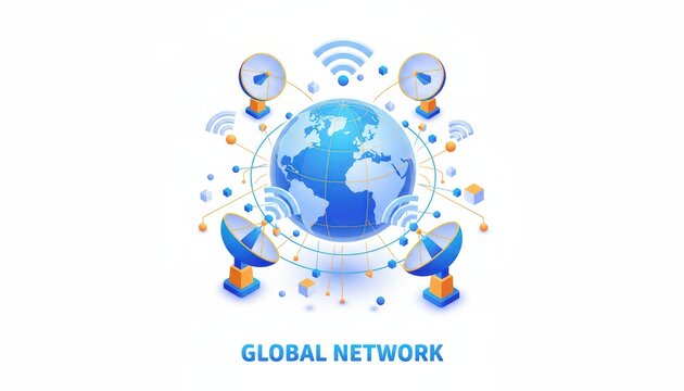 Global Network Isometric Illustration with Earth and Satellites