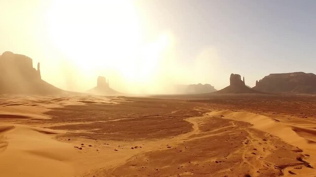 Vast Scorched Horizon Wide shot, focusing on the shimmering, distorted horizon where the sky meets the distant desert landscape.