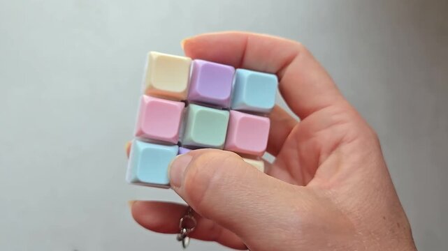 Close-up of girl hand playing clicking anti-stress led key boarded fidget toy isolated on white background. Popular educational game with buttons. Autism Special Needs Stress Reliever