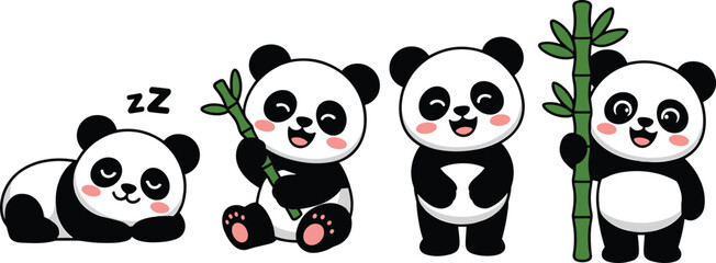 Cute panda cartoon character set with bamboo kawaii baby bear poses vector illustration collection isolated on white background © PROTAP