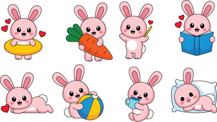 Obraz premium Cute bunny cartoon character set with carrot book beach ball kawaii rabbit poses vector illustration isolated collection