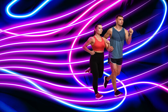 Sporty couple running on dark background. Bright neon lines symbolizing energy and motion