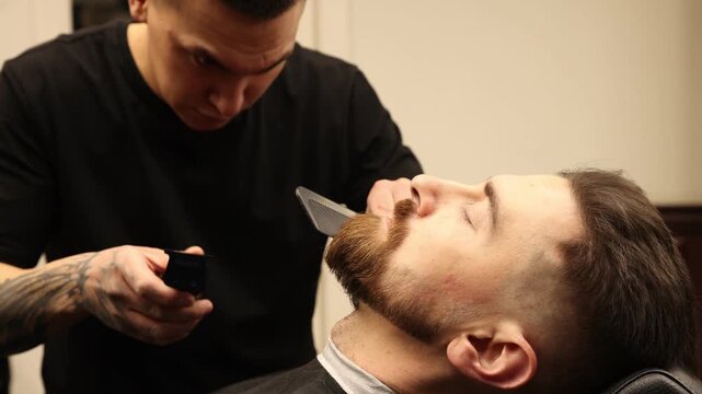 Stylist trimming man's beard with hair clipper in barbershop