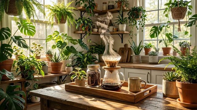 Drip coffee brewing process with rising steam, coffee beans, and green plant decoration in a sunlit room