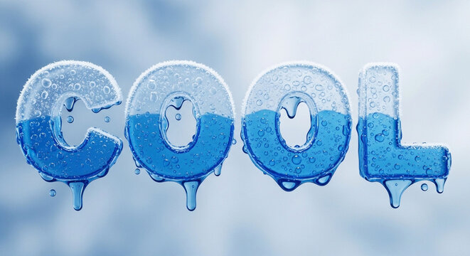 The word COOL spelled out in icy blue letters with water droplets on a frosty background