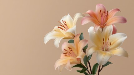 Fototapeta premium Elegant and Vibrant Floral Arrangement of Cream and Peach Lilies with Soft Blush Background for Interior Decoration or Event Styling