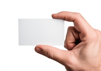 Obraz premium Close-up of hand holding blank white rectangle card against white background