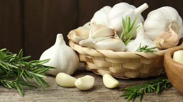 Fresh garlic and rosemary on wooden table, closeup. Camera moving right