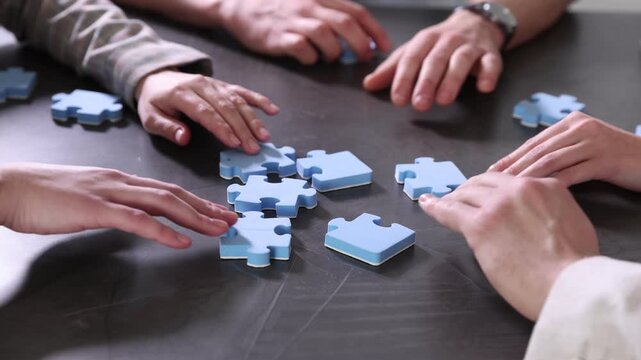 Team building. Group of businesspeople putting puzzle pieces together at dark textured table, closeup. Camera moving forward