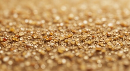 Extreme close up macro shot of sparkling golden sand grains with tiny water droplets glistening under soft warm diffused lighting creating a serene and detailed abstract texture