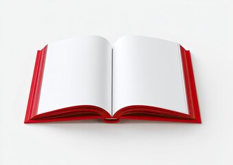 A bright red hardback book, open to reveal two blank, bright white pages, on white