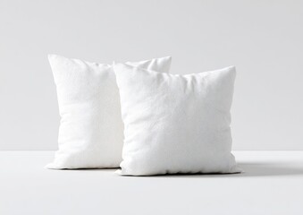 Two fluffy, white square pillows, softly lit on a white surface, against a neutral background