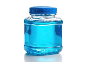 Clear glass jar with a blue liquid and cap, isolated on white background