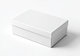 A slightly angled, white rectangular box with a lid, set on a white surface