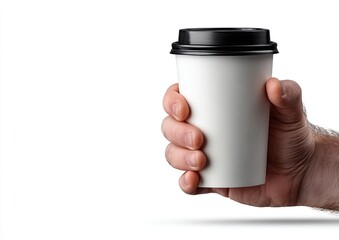 Human hand holding a plain white disposable coffee cup with a black lid, isolated on white