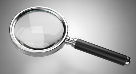 Magnifying glass with black handle and chrome rim on a gray gradient background