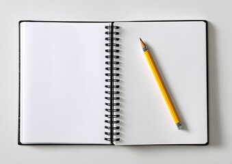 Open spiral notebook with blank white pages, and a yellow pencil resting on one page
