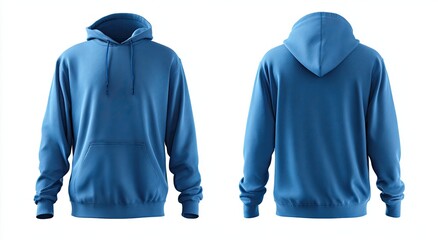 Front and back views of a solid blue hooded sweatshirt on a white background