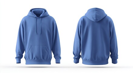 A front and back view of a blue hooded sweatshirt on a white background