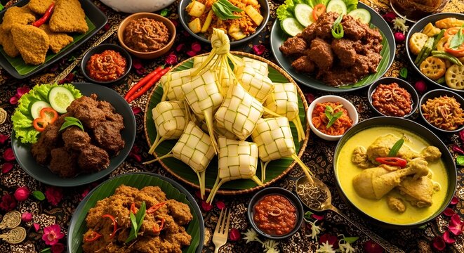 Traditional ketupat with Indonesian Eid dishes on festive table. Ideal for Hari Raya Idulfitri food concept and cultural promotion.