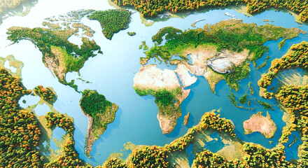 World map made of lush green forests and blue oceans.