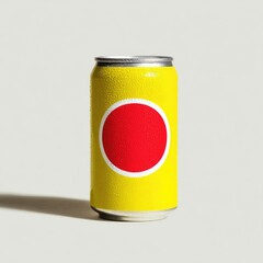 Isolated close-up of a vibrant yellow aluminum beverage can with a red circle