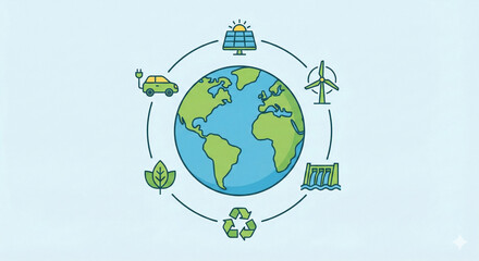 Illustration of Earth surrounded by renewable energy and eco icons.