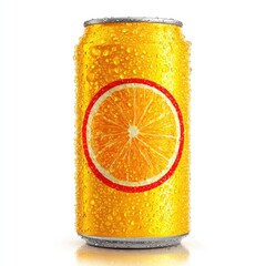A vibrant orange beverage can with condensation, featuring a citrus slice graphic