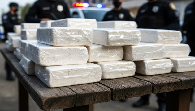 Stacked white packages on a wooden table, illegal substances, during a law enforcement operation.