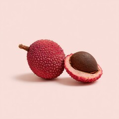 A close-up of two lychee fruits, one whole and one halved, on a pink background
