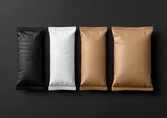 Four upright food packaging bags in different colors against a dark gray background