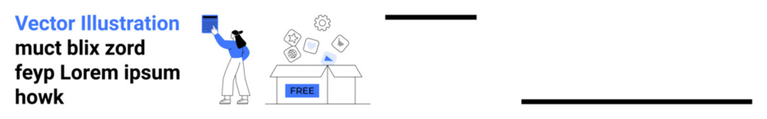 E-commerce, delivery, packaging, logistics, supply chain, storage. Individual stands next to an open package with floating icons. E-commerce and delivery systems © robu_s