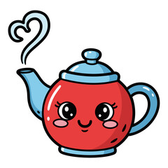Obraz premium Adorable Kawaii Teapot Character with Steaming Heart. Cute Doodle Vector Illustration for Tea Time, Love, and Warmth.
