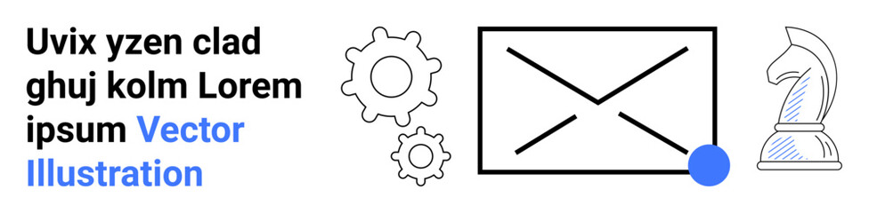 Obraz premium Business strategy, email marketing, innovation, problem solving, decision making, teamwork. Outline icons of an envelope, gears and chess knight. Email marketing and business strategy concept